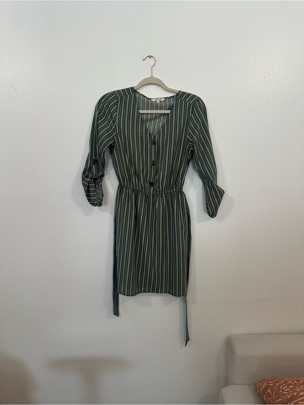 Blush Olive Green Striped V-Neck Tie-Waist Mini Dress